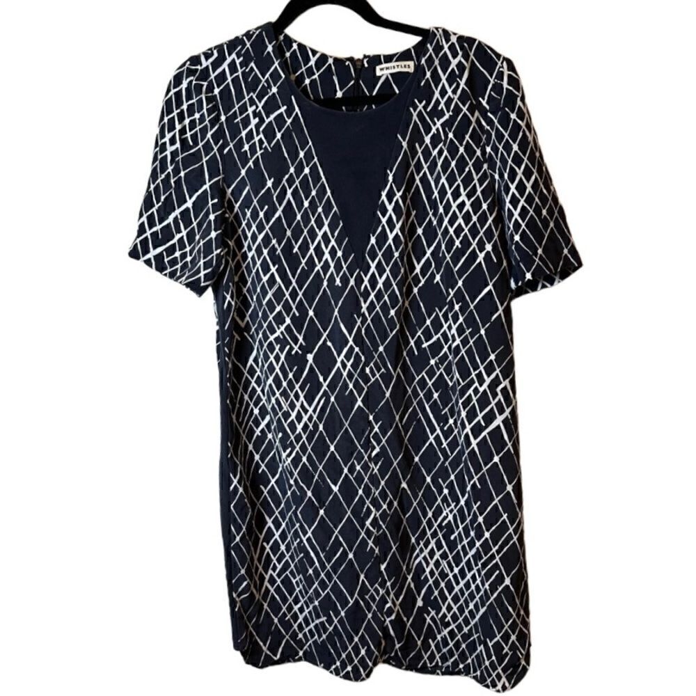 Whistles- Women’s Navy Blue White Diamond Splatter 100% Silk Dress US 8/ UK 12